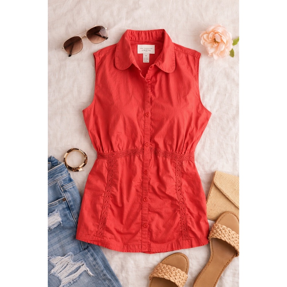 Ann Taylor LOFT Coral Red Sleeveless‎ Lace Trim Empire Waist Button Down Top 14